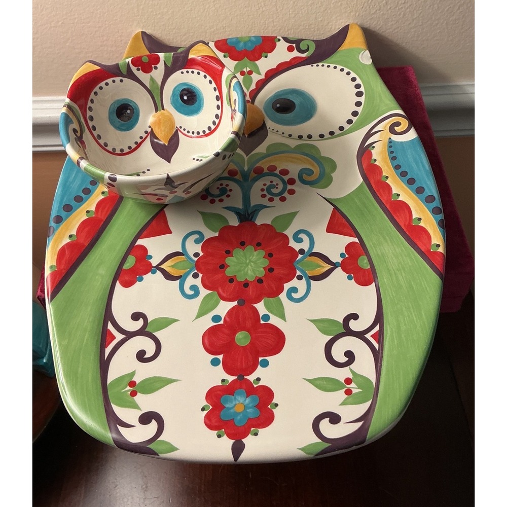 Home Accents Bella Owl Chip and Dip Set Ceramic Handcrafted Multicolor 2 Piece